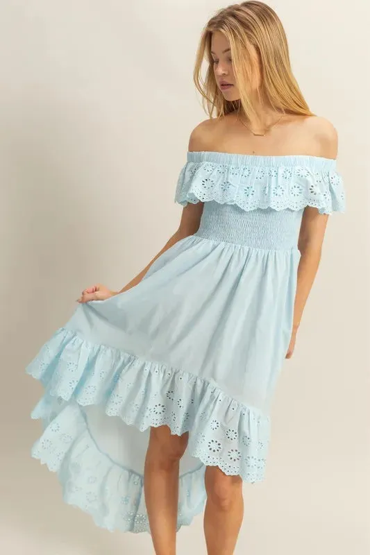HYFVE High-Low Eyelet Ruffled Off-Shoulder Dress sold by Gigi Laurent