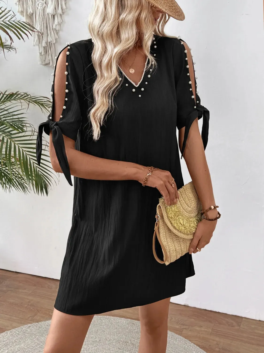 Cutout Pearl Detail V-Neck Mini Dress sold by Gigi Laurent product image thumbnail 4