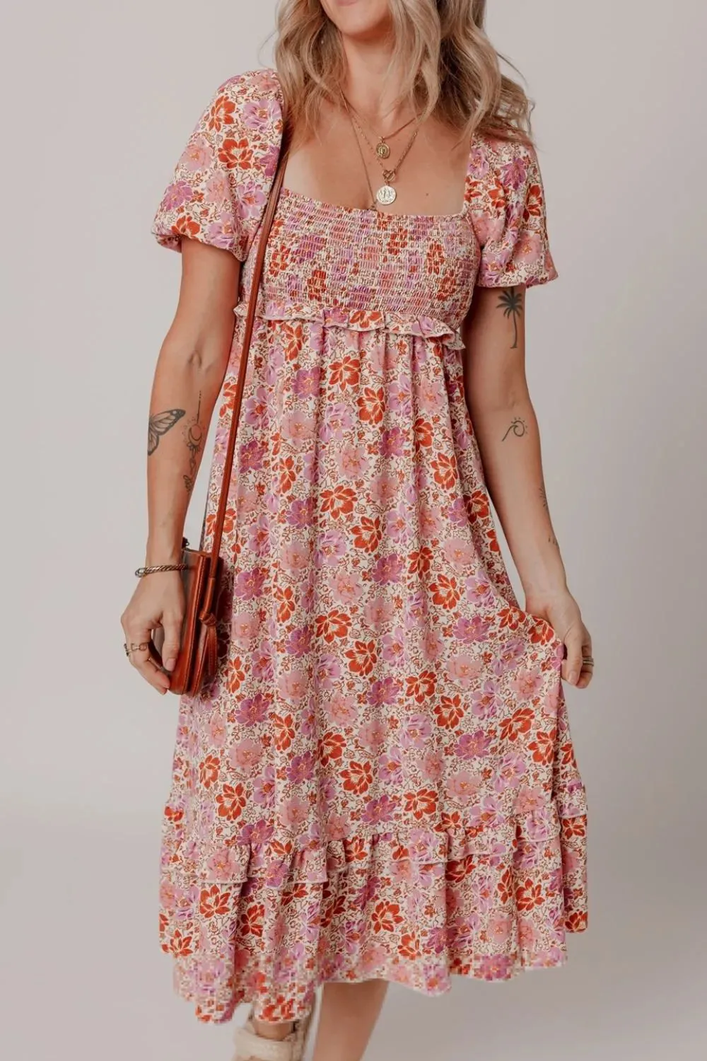 Floral Square Neck Knotted Ruffle Midi Dress sold by Gigi Laurent
