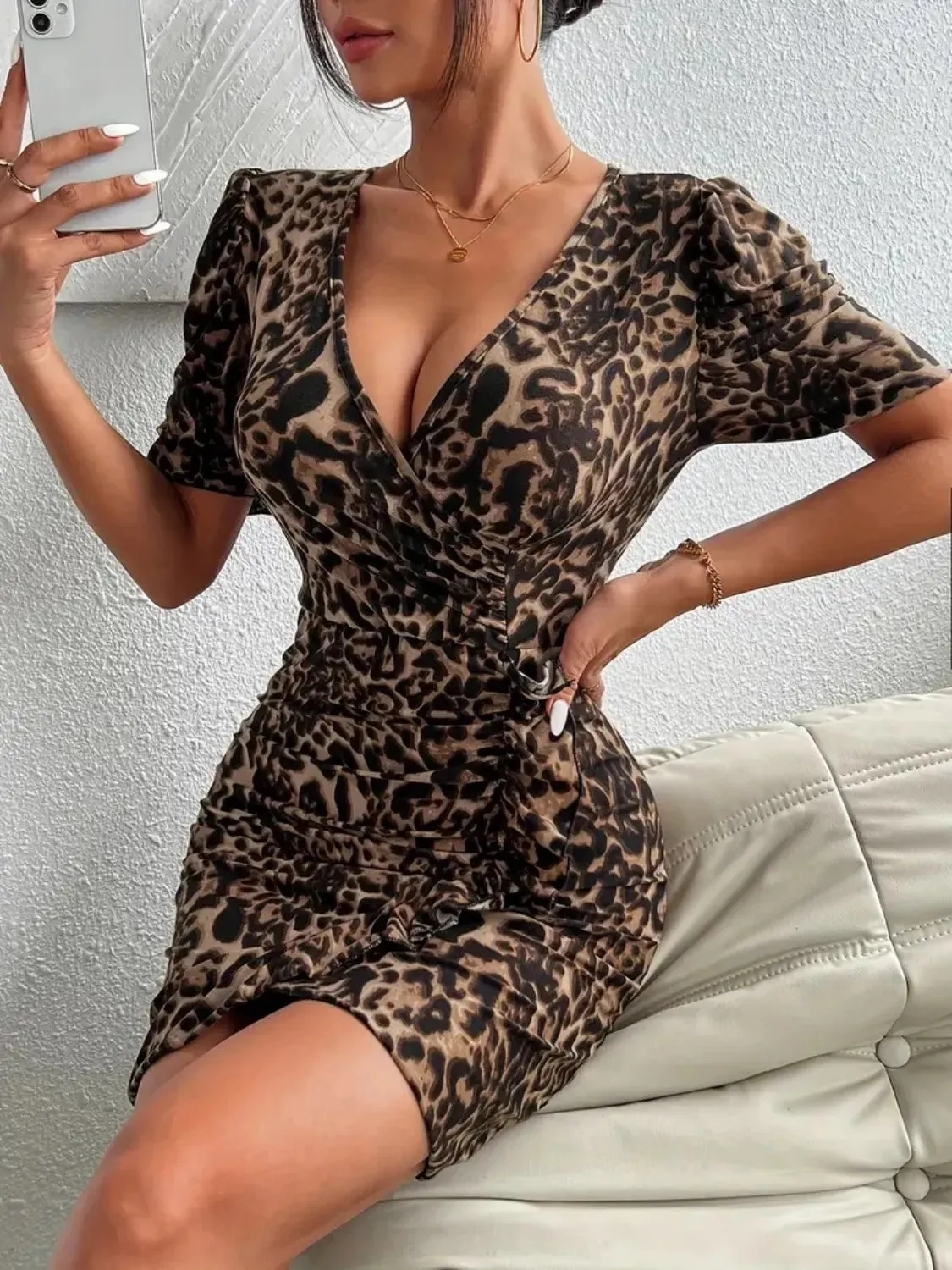 Ruffled Leopard Short Sleeve Mini Dress sold by Gigi Laurent product image thumbnail 2