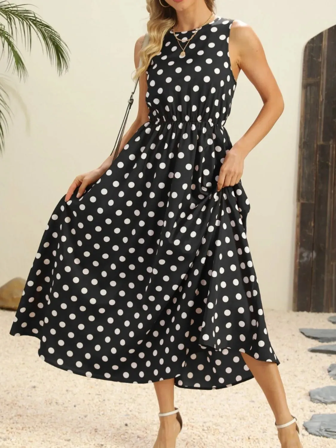 Polka Dot Round Neck Sleeveless Midi Dress sold by Gigi Laurent