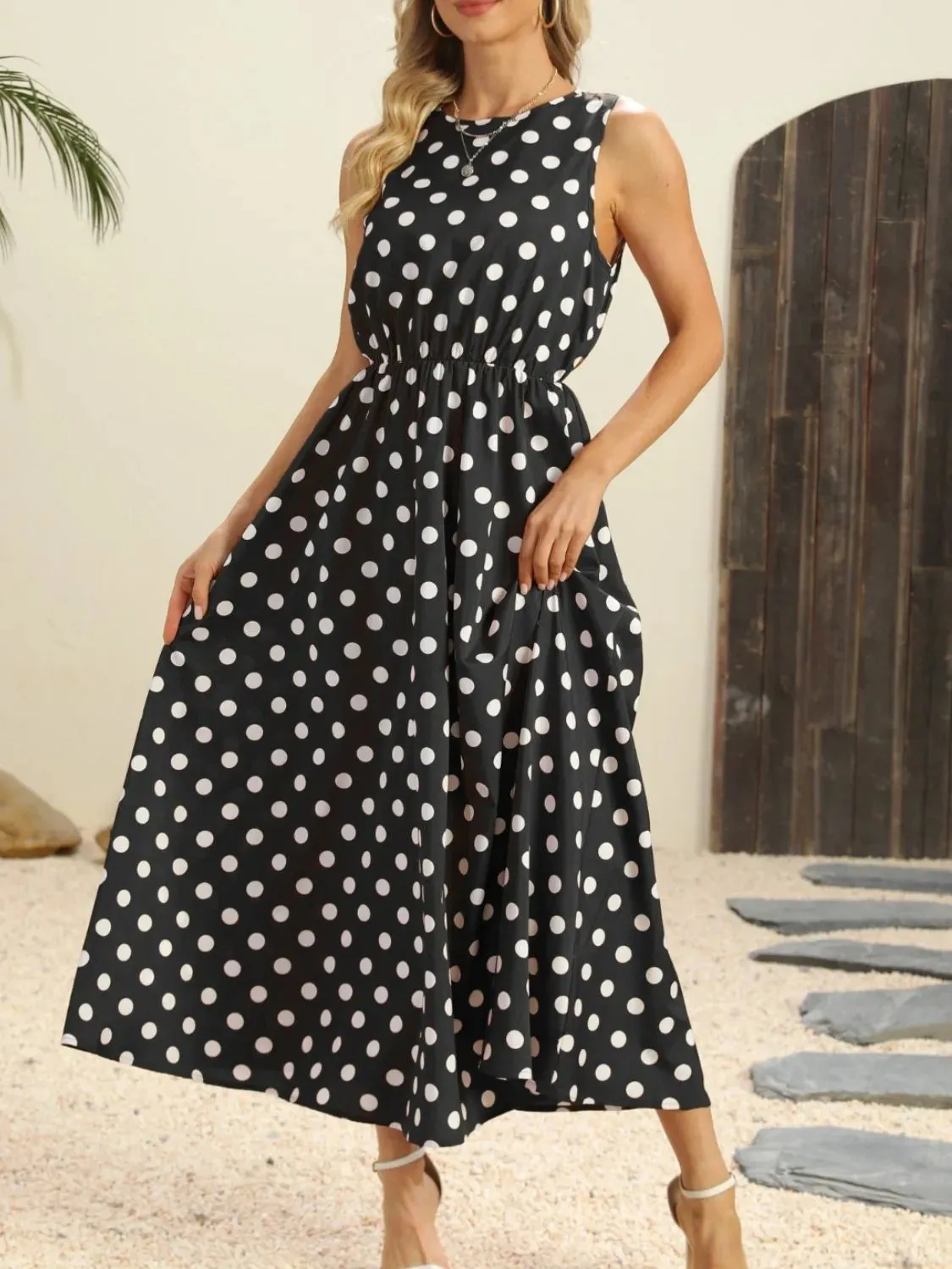 Polka Dot Round Neck Sleeveless Midi Dress sold by Gigi Laurent product image thumbnail 4