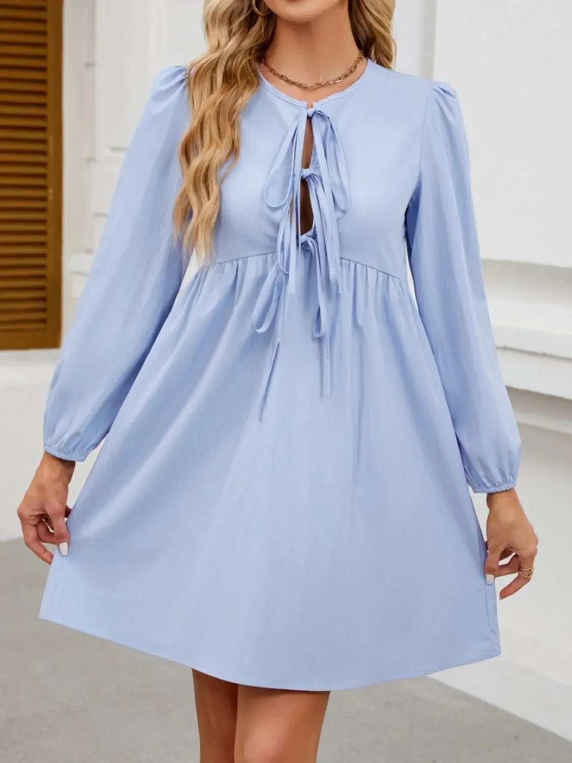 Tie Front Long Sleeve Mini Dress sold by Gigi Laurent product image thumbnail 4