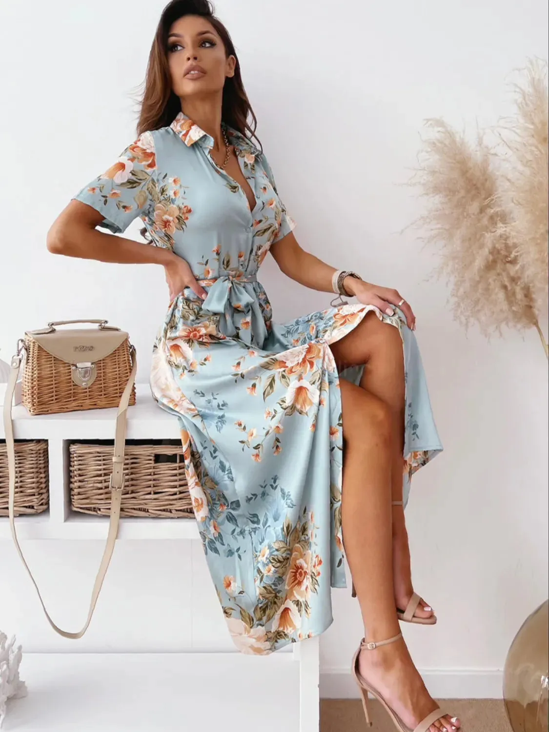 Printed Tie Waist Short Sleeve Midi Shirt Dress sold by Gigi Laurent product image thumbnail 2