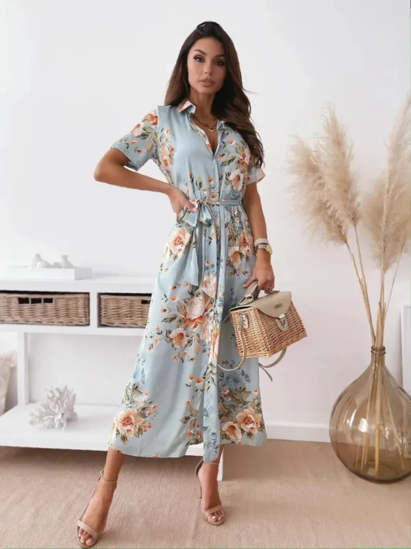Printed Tie Waist Short Sleeve Midi Shirt Dress sold by Gigi Laurent