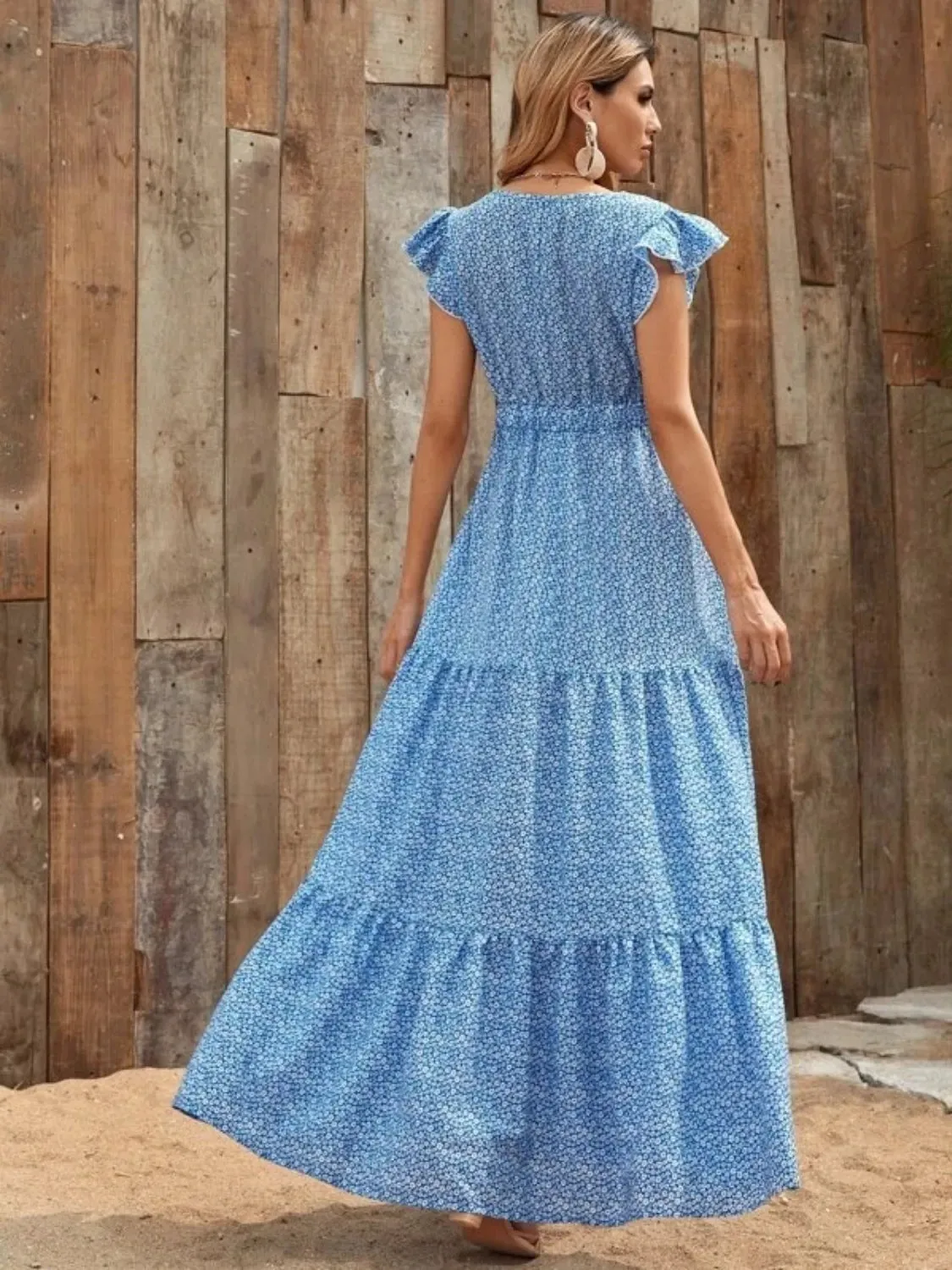 Printed V-Neck Ruffled Cap Sleeve Maxi Dress sold by Gigi Laurent product image thumbnail 4