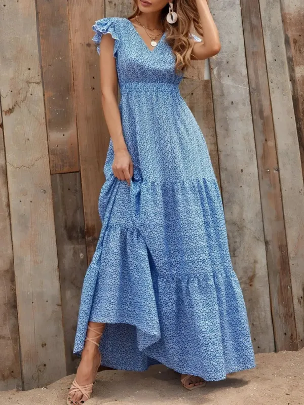 Printed V-Neck Ruffled Cap Sleeve Maxi Dress sold by Gigi Laurent
