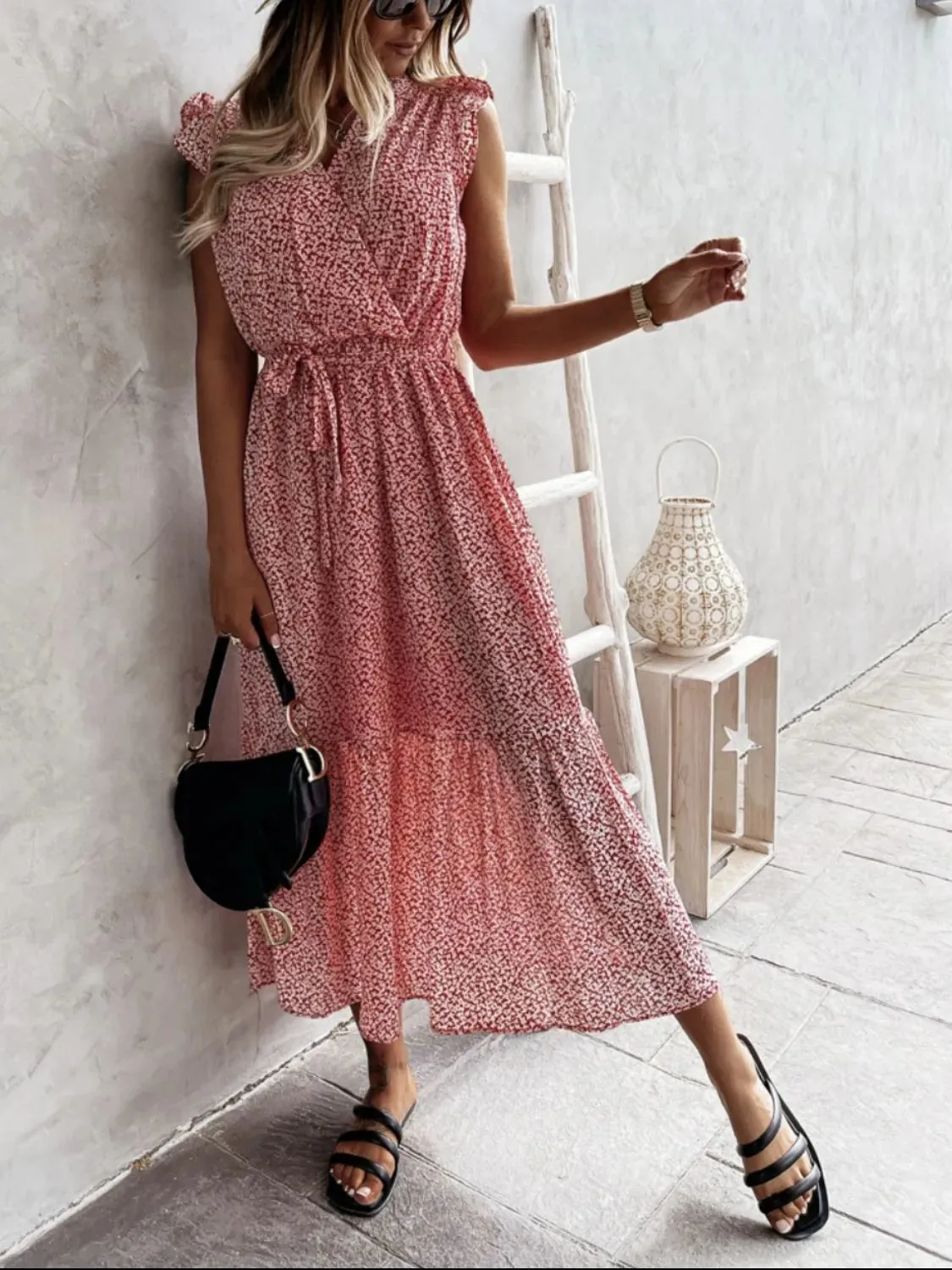 Ruffled Surplice Printed Cap Sleeve Dress sold by Gigi Laurent