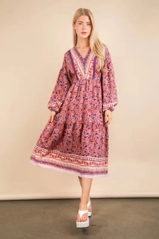 VERY J Floral Printed Boho V-Neck Balloon Sleeve Dress sold by Gigi Laurent