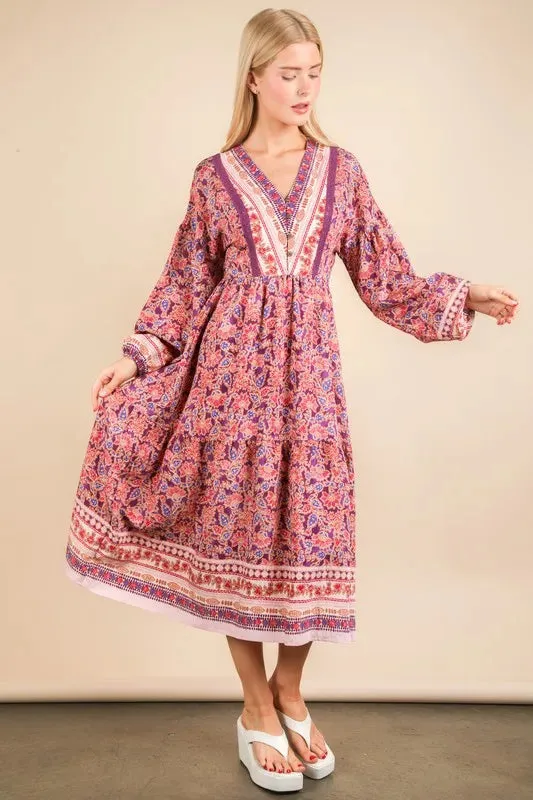 VERY J Floral Printed Boho V-Neck Balloon Sleeve Dress sold by Gigi Laurent product image thumbnail 2