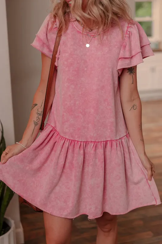 Mineral Wash Raw Edge Ruffle Mini Dress sold by Gigi Laurent