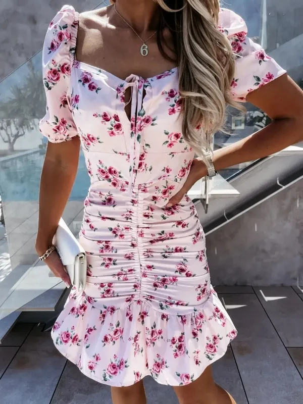 Ruched Floral Sweetheart Neck Mini Dress sold by Gigi Laurent
