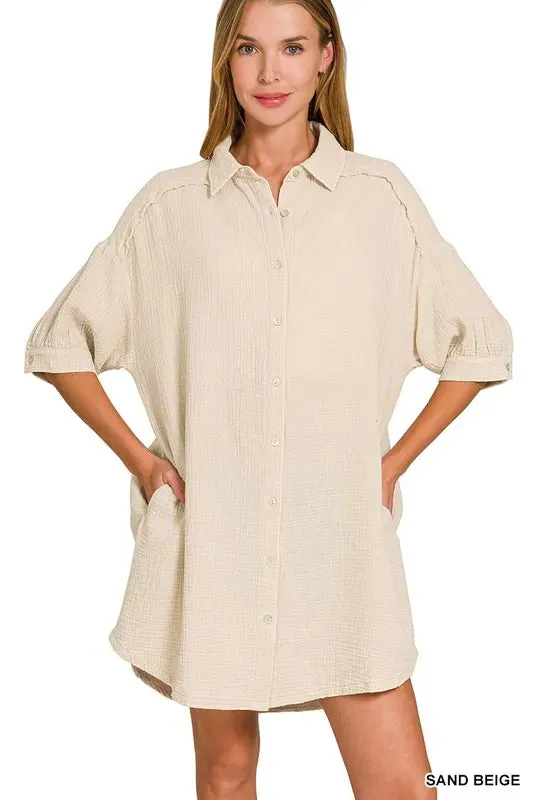 Zenana Washed Double Gauze Button Down Shirt Dress sold by Gigi Laurent