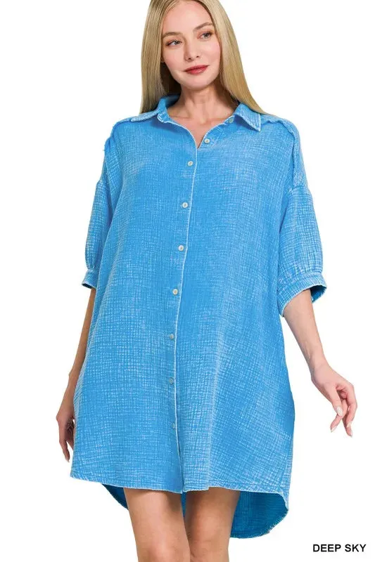 Zenana Washed Double Gauze Button Down Shirt Dress sold by Gigi Laurent product image thumbnail 4