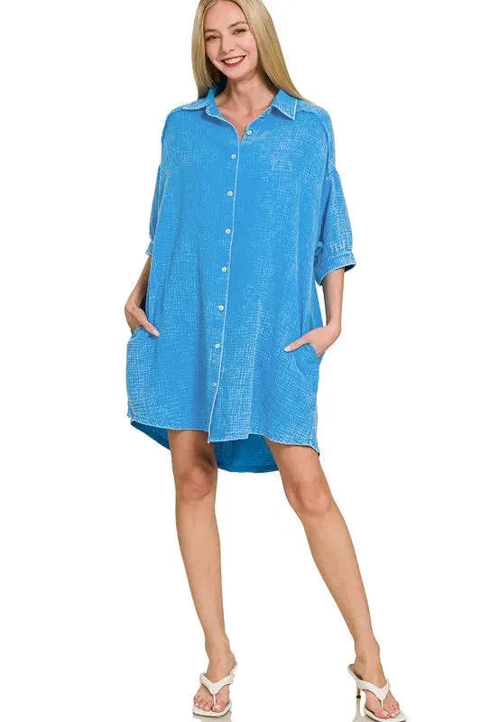 Zenana Washed Double Gauze Button Down Shirt Dress sold by Gigi Laurent product image thumbnail 5
