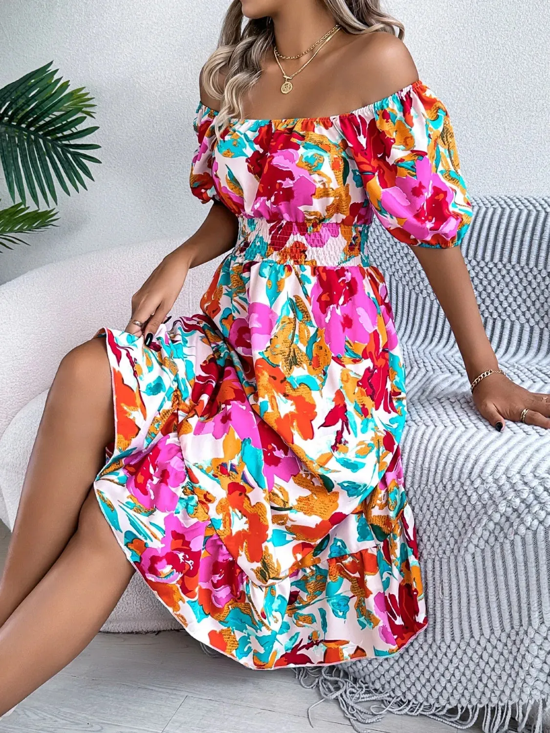 Ruffled Hem Smocked Floral Short Sleeve Midi Dress sold by Gigi Laurent product image thumbnail 3