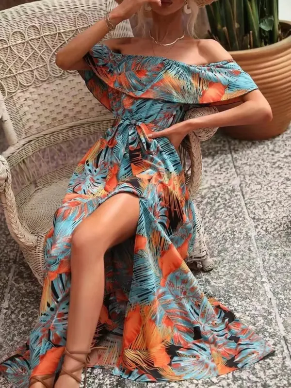 Ruffled Printed Off Shoulder Maxi Dress sold by Gigi Laurent
