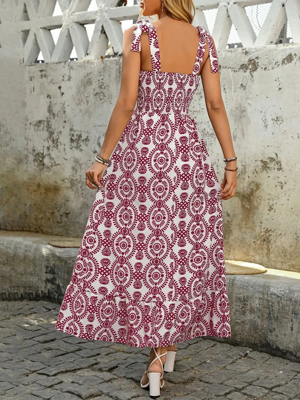 Smocked Slit Printed Tie Shoulder Dress sold by Gigi Laurent product image thumbnail 5