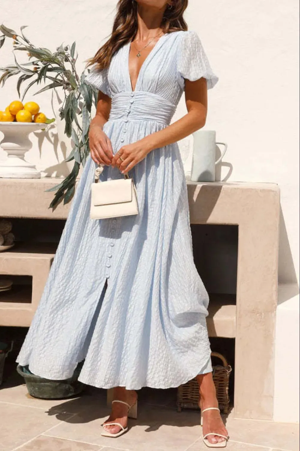 V-Neck Puff Short Sleeve Midi Dress sold by Gigi Laurent