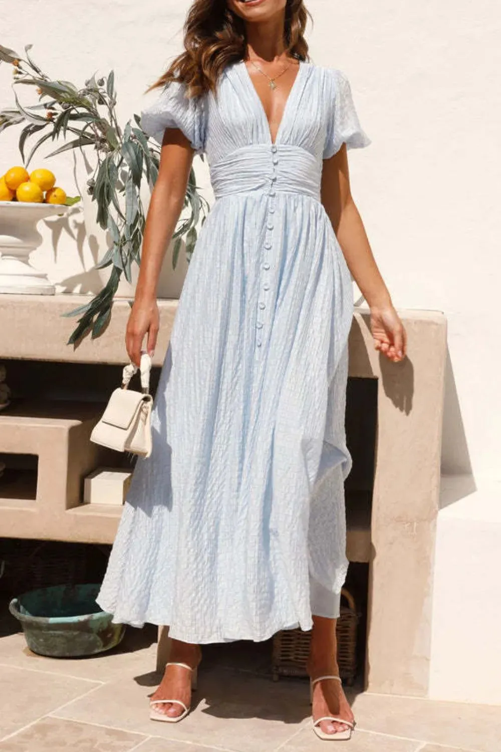 V-Neck Puff Short Sleeve Midi Dress sold by Gigi Laurent product image thumbnail 4