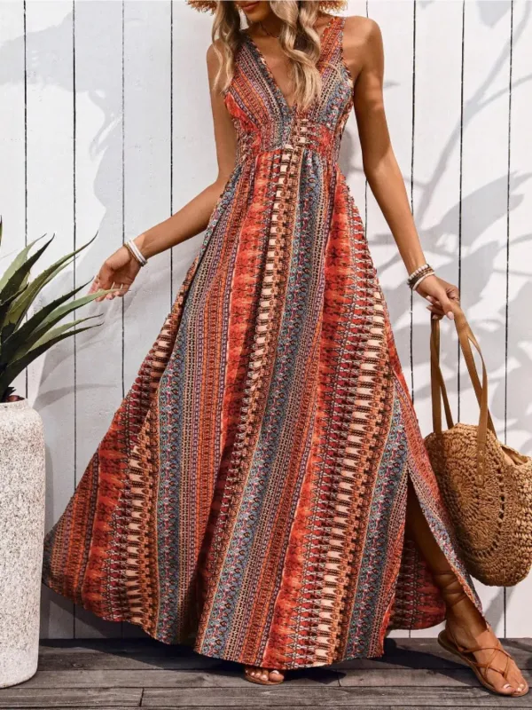 Tied Back Printed Sleeveless Maxi Slit Dress sold by Gigi Laurent