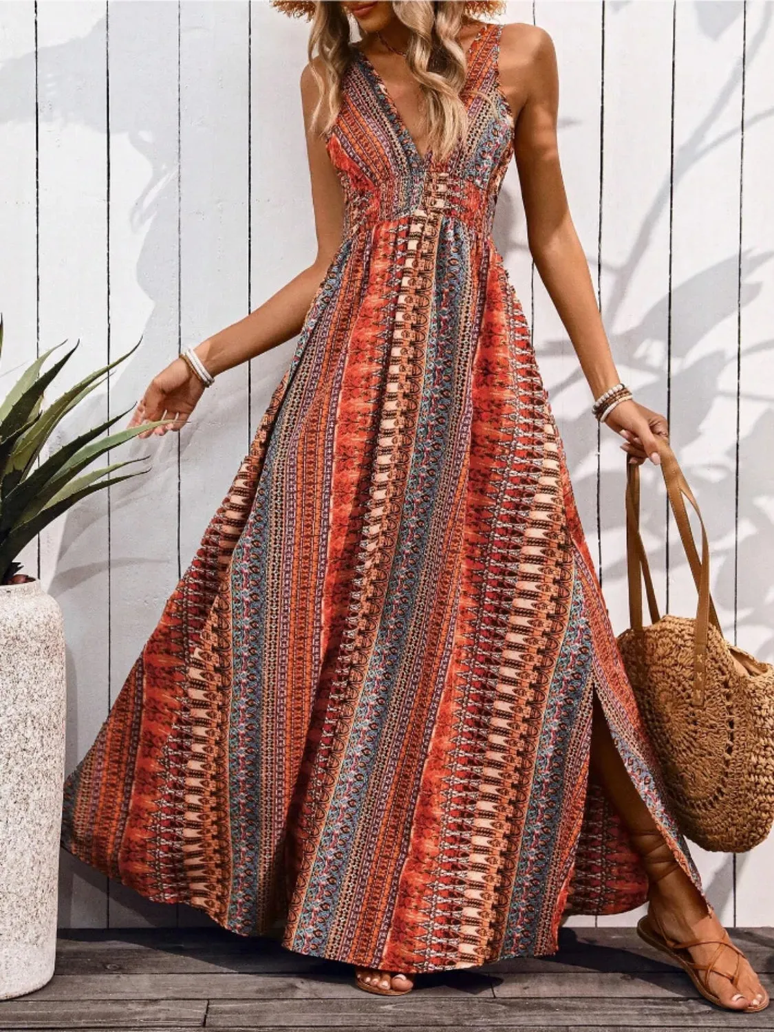 Tied Back Printed Sleeveless Maxi Slit Dress sold by Gigi Laurent