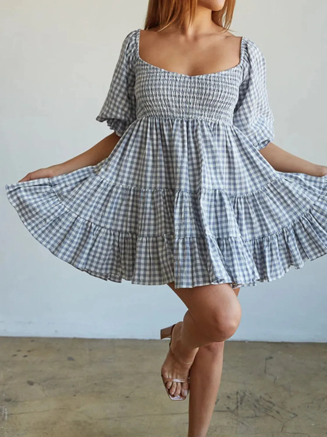 Ruffled Hem Plaid Half Sleeve Mini Dress sold by Gigi Laurent product image thumbnail 4