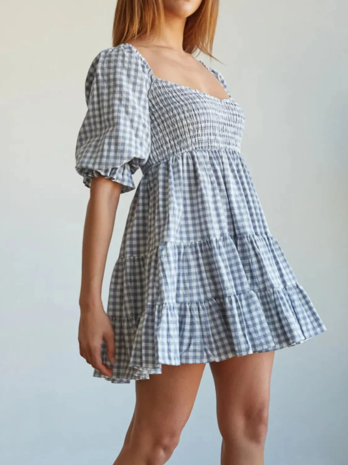 Ruffled Hem Plaid Half Sleeve Mini Dress sold by Gigi Laurent