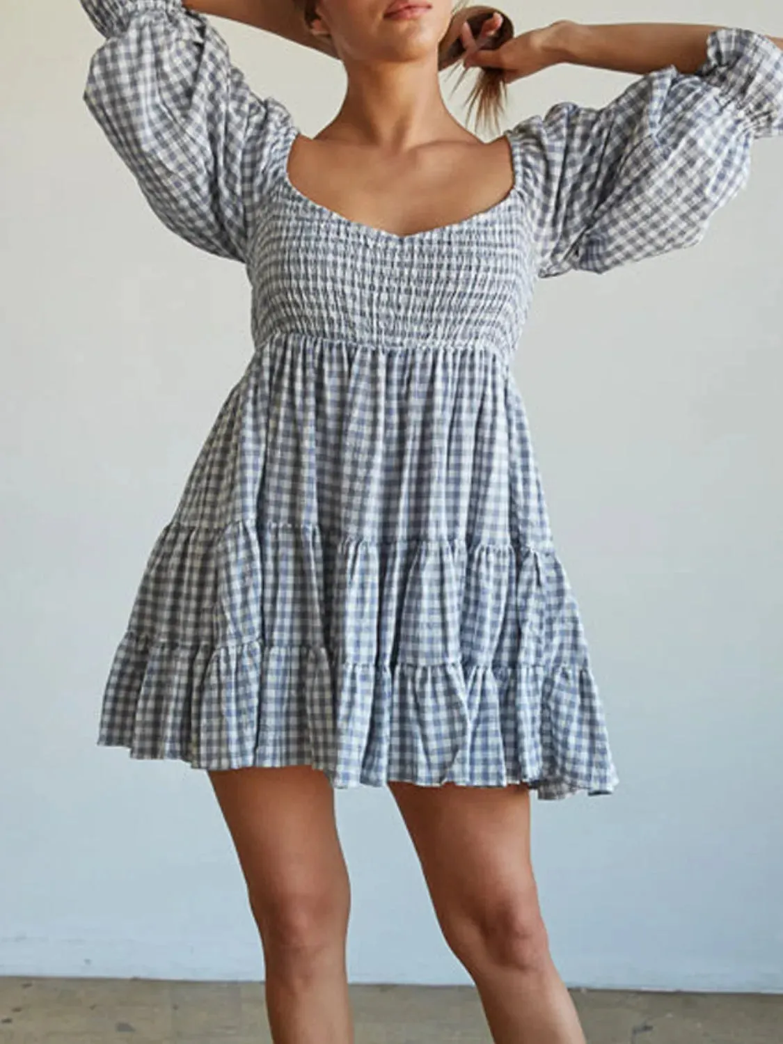 Ruffled Hem Plaid Half Sleeve Mini Dress sold by Gigi Laurent product image thumbnail 3