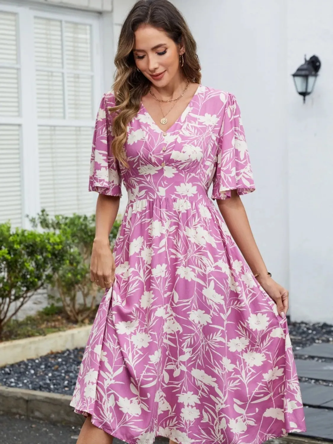 Printed V-Neck Flutter Sleeve Dress sold by Gigi Laurent product image thumbnail 3