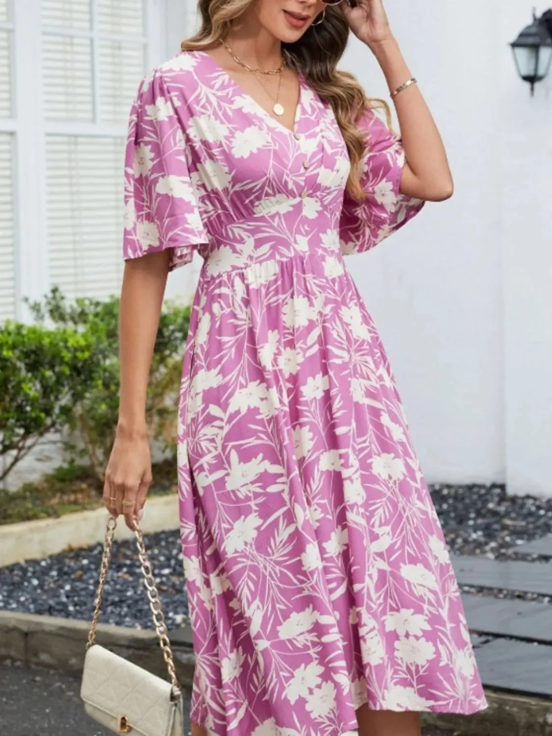 Printed V-Neck Flutter Sleeve Dress sold by Gigi Laurent product image thumbnail 5
