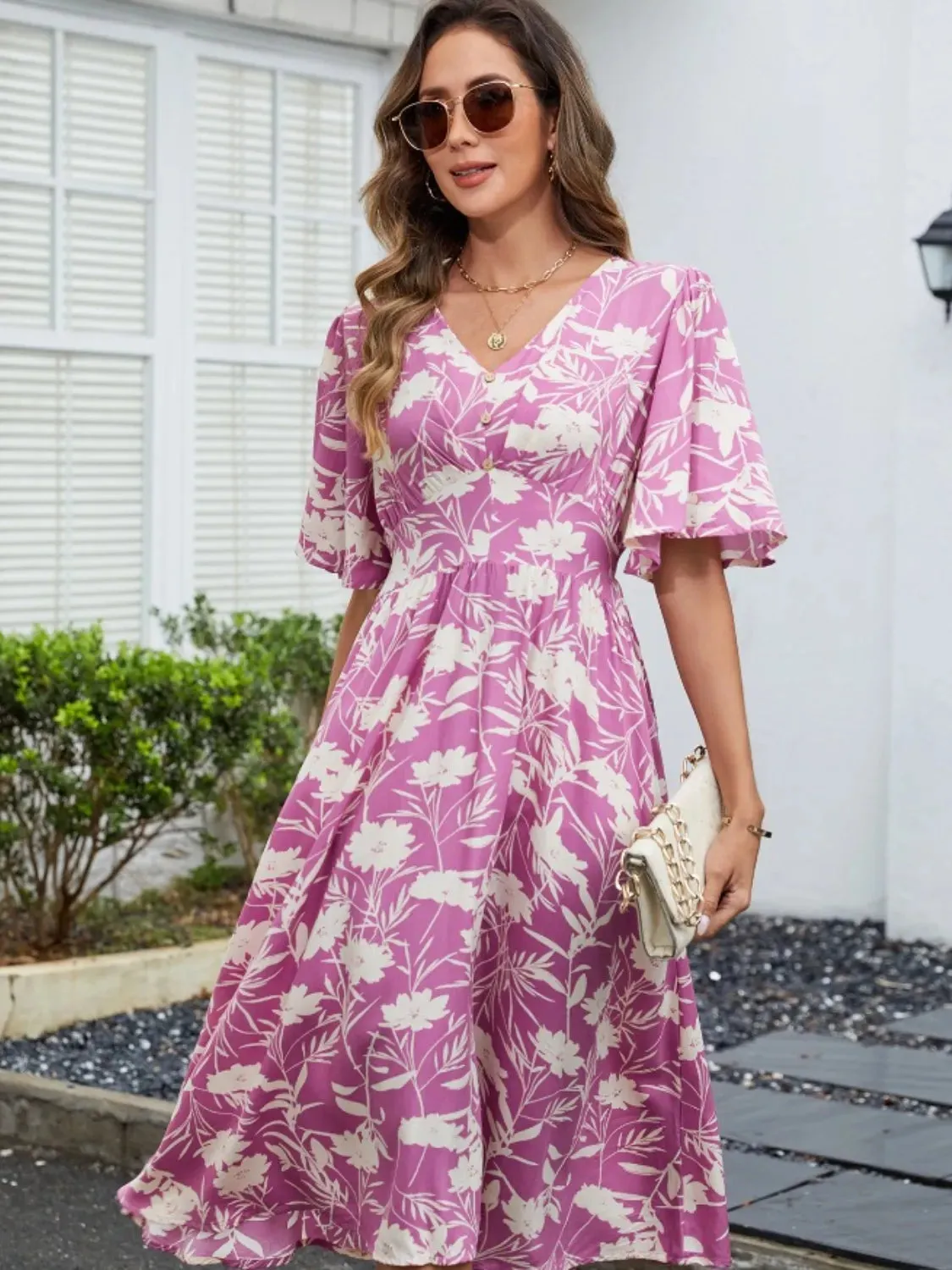 Printed V-Neck Flutter Sleeve Dress sold by Gigi Laurent product image thumbnail 4