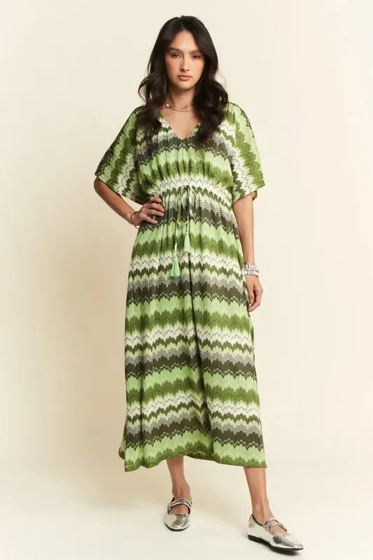 Davi & Dani Multi Color Wavy Tie Waist Flowy Sleeve Dress sold by Gigi Laurent