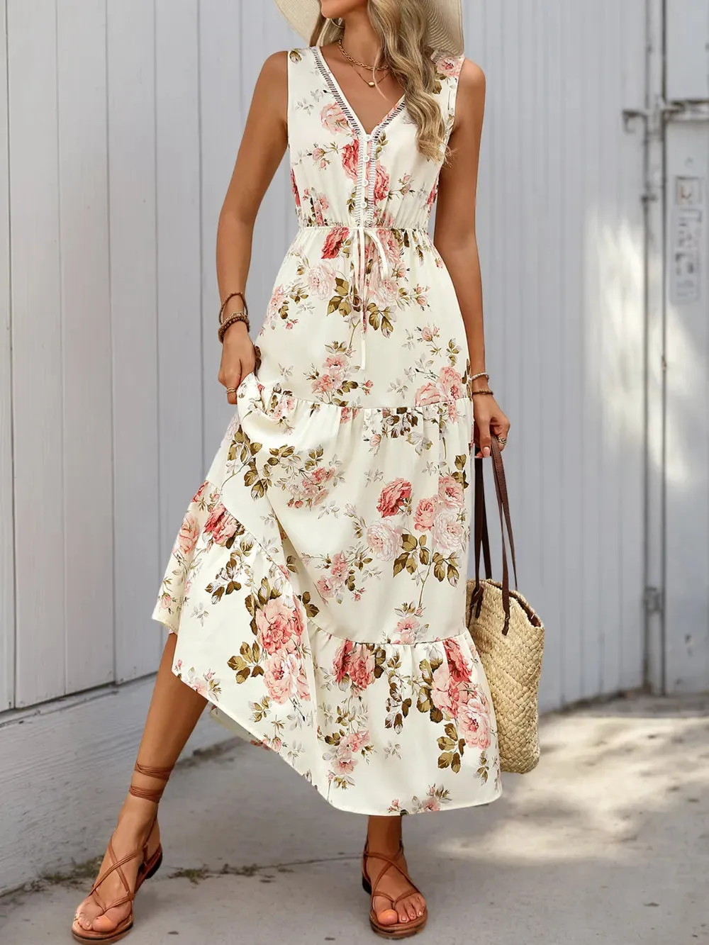 Printed Ruffled Hem V-Neck Sleeveless Dress sold by Gigi Laurent product image thumbnail 4