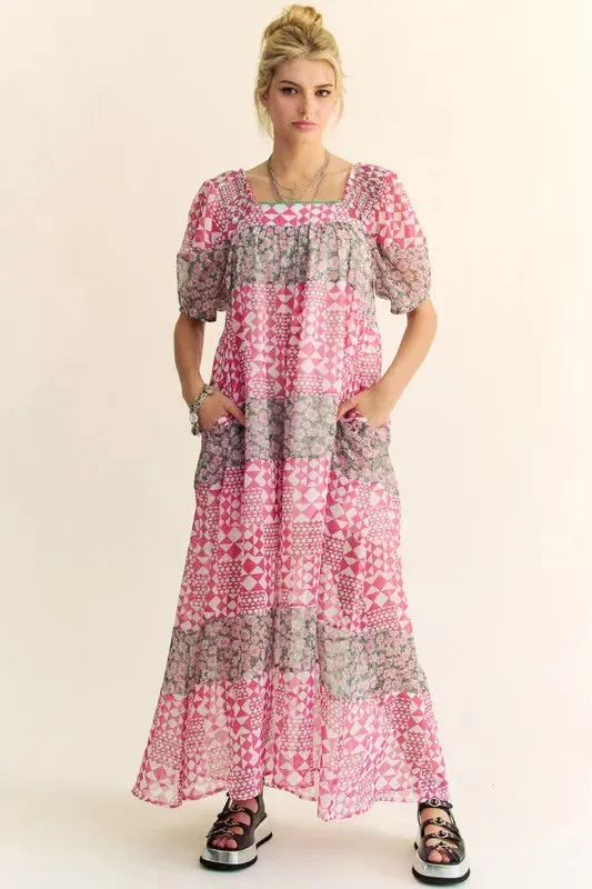 Davi & Dani Multi Floral Square Neck Puff Sleeve Maxi Dress sold by Gigi Laurent