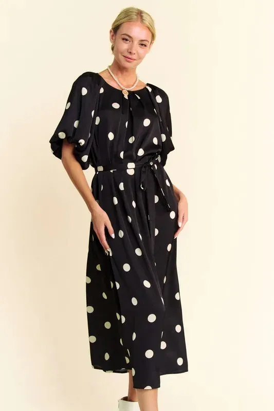 Davi & Dani Polka Dot Puff Sleeves Waist Tie Midi Dress sold by Gigi Laurent product image thumbnail 3