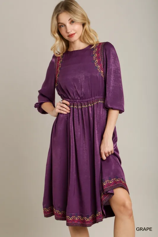 Satin Round Neck Embroidery Midi Dress sold by Gigi Laurent