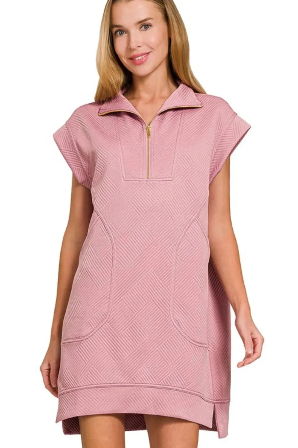 Zenana Textured Knit Jacquard Quarter Zipper Mini Dress sold by Gigi Laurent