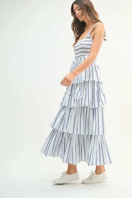 MABLE Pin Stripe Smocked Bodice Layered Midi Dress sold by Gigi Laurent product image thumbnail 3