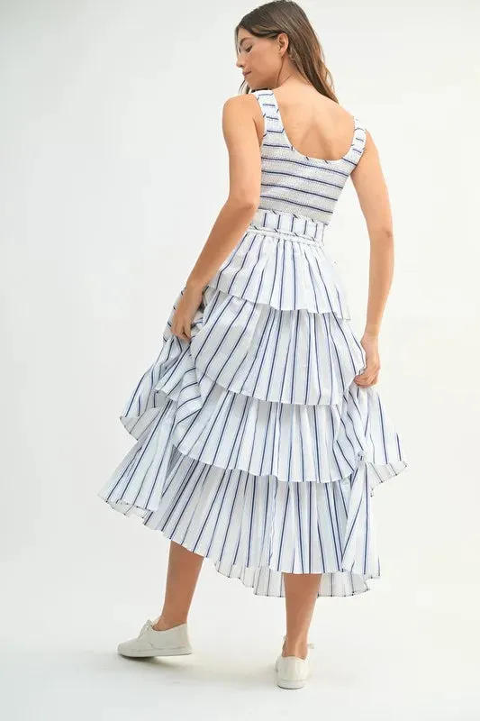 MABLE Pin Stripe Smocked Bodice Layered Midi Dress sold by Gigi Laurent product image thumbnail 4