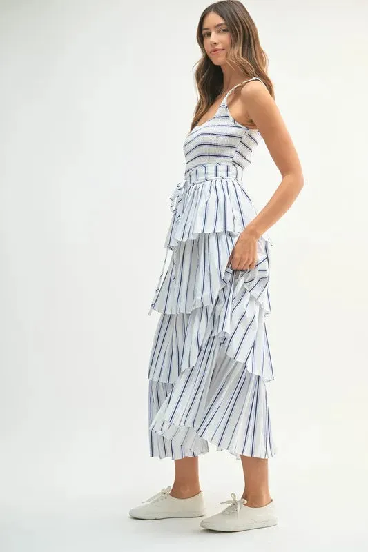 MABLE Pin Stripe Smocked Bodice Layered Midi Dress sold by Gigi Laurent product image thumbnail 2