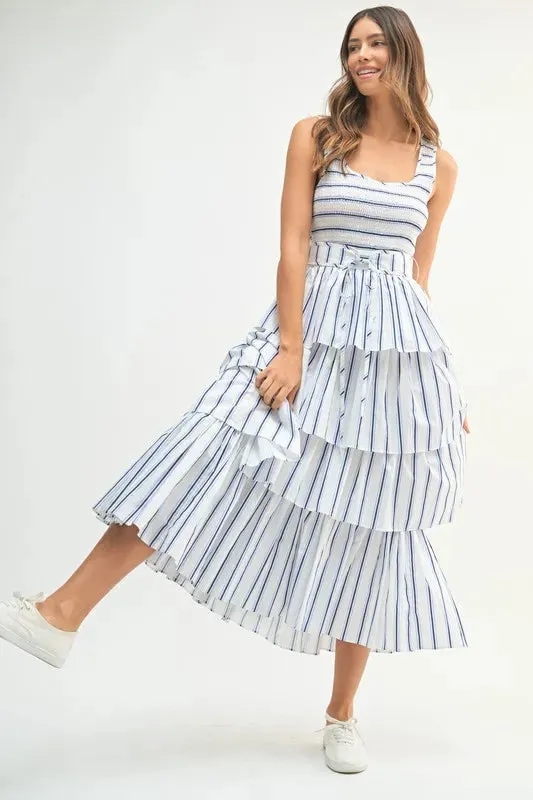 MABLE Pin Stripe Smocked Bodice Layered Midi Dress sold by Gigi Laurent product image thumbnail 5