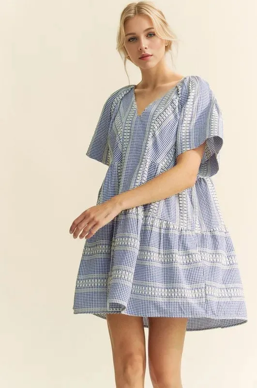 Davi & Dani Embroidered Stripe Ruffled Gingham Mini Dress sold by Gigi Laurent product image thumbnail 2