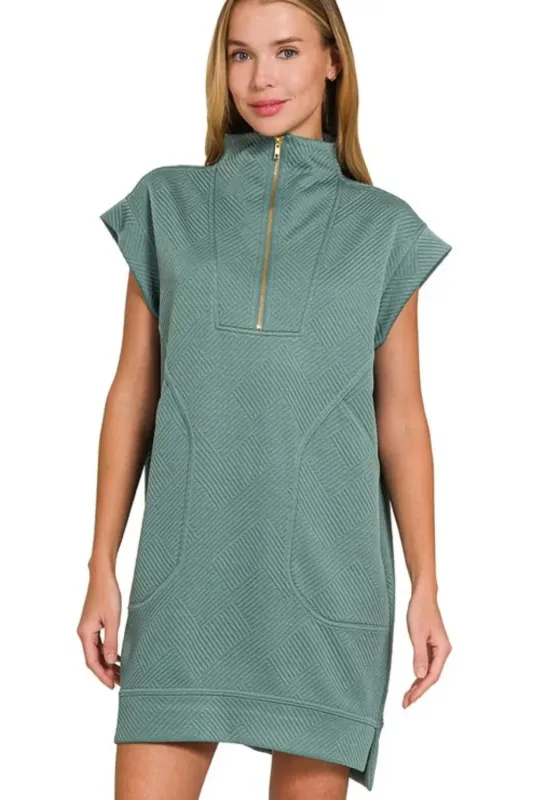 Zenana Textured Knit Jacquard Quarter Zipper Mini Dress sold by Gigi Laurent