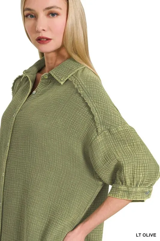 Zenana Washed Double Gauze Button Down Shirt Dress sold by Gigi Laurent product image thumbnail 2