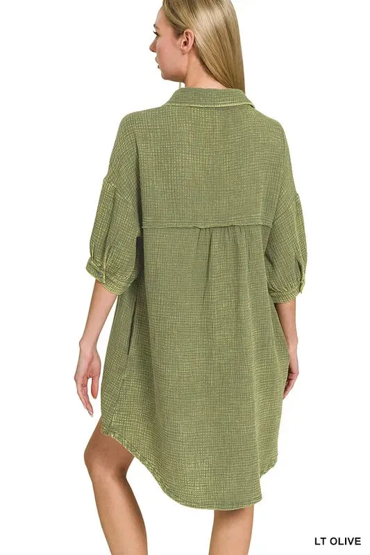 Zenana Washed Double Gauze Button Down Shirt Dress sold by Gigi Laurent product image thumbnail 3