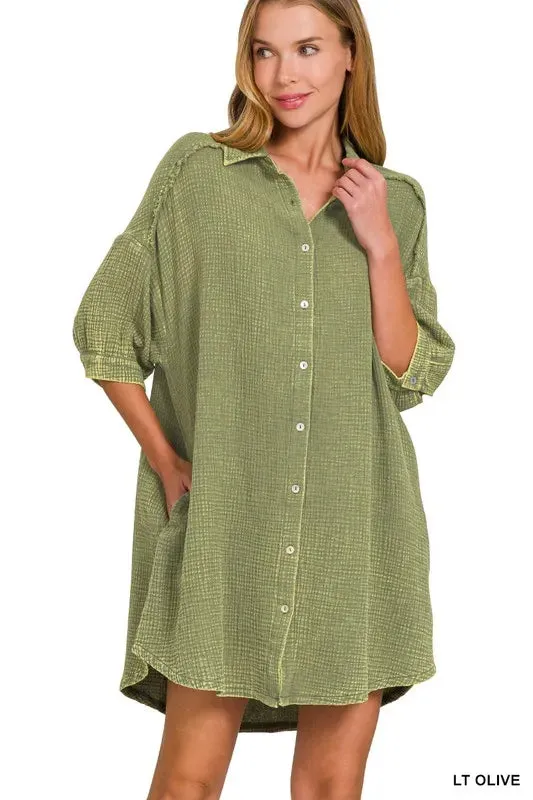 Zenana Washed Double Gauze Button Down Shirt Dress sold by Gigi Laurent product image thumbnail 4