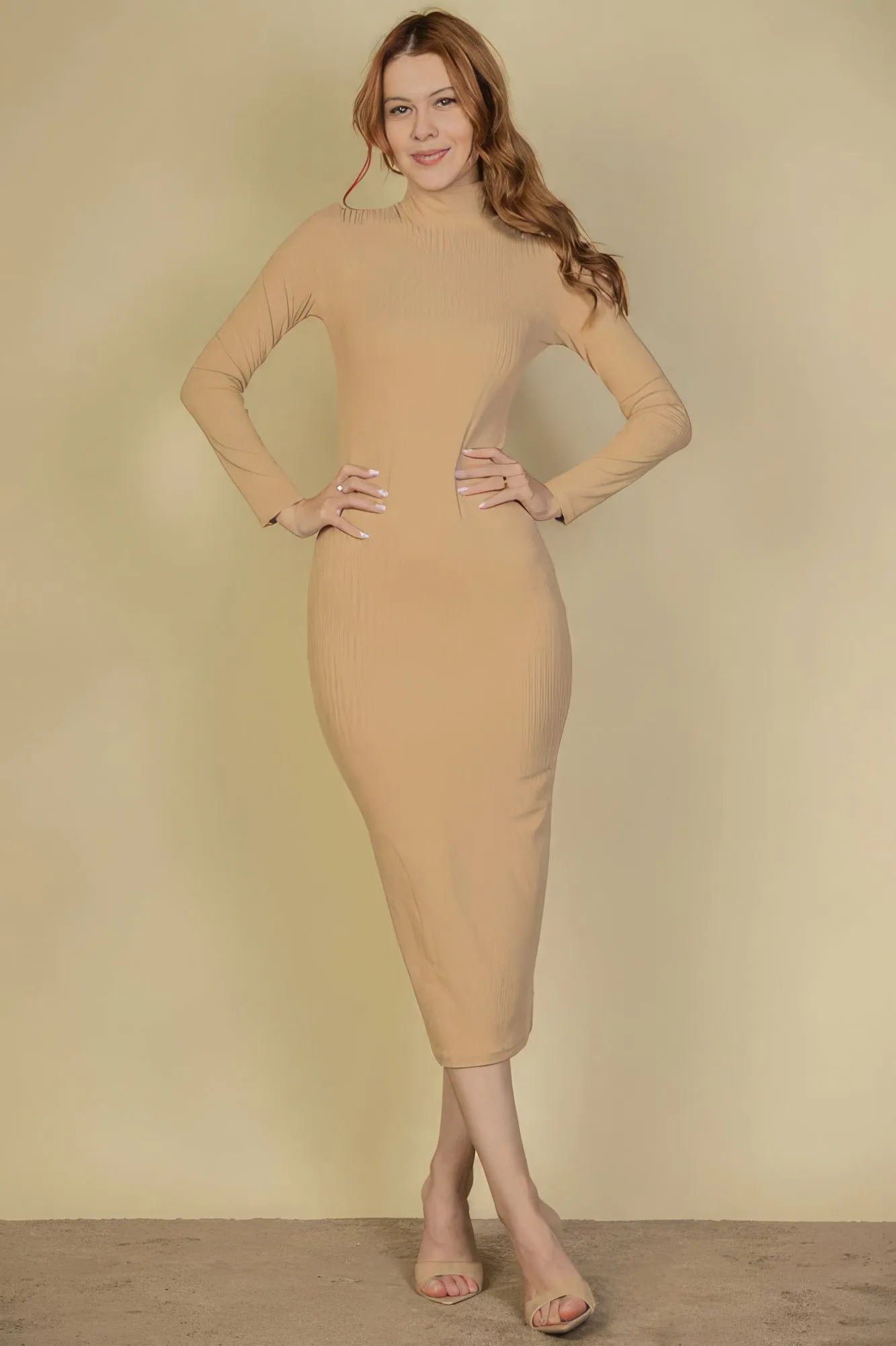 Ribbed Mock Neck Long Sleeve Bodycon Midi Dress sold by Gigi Laurent product image thumbnail 2