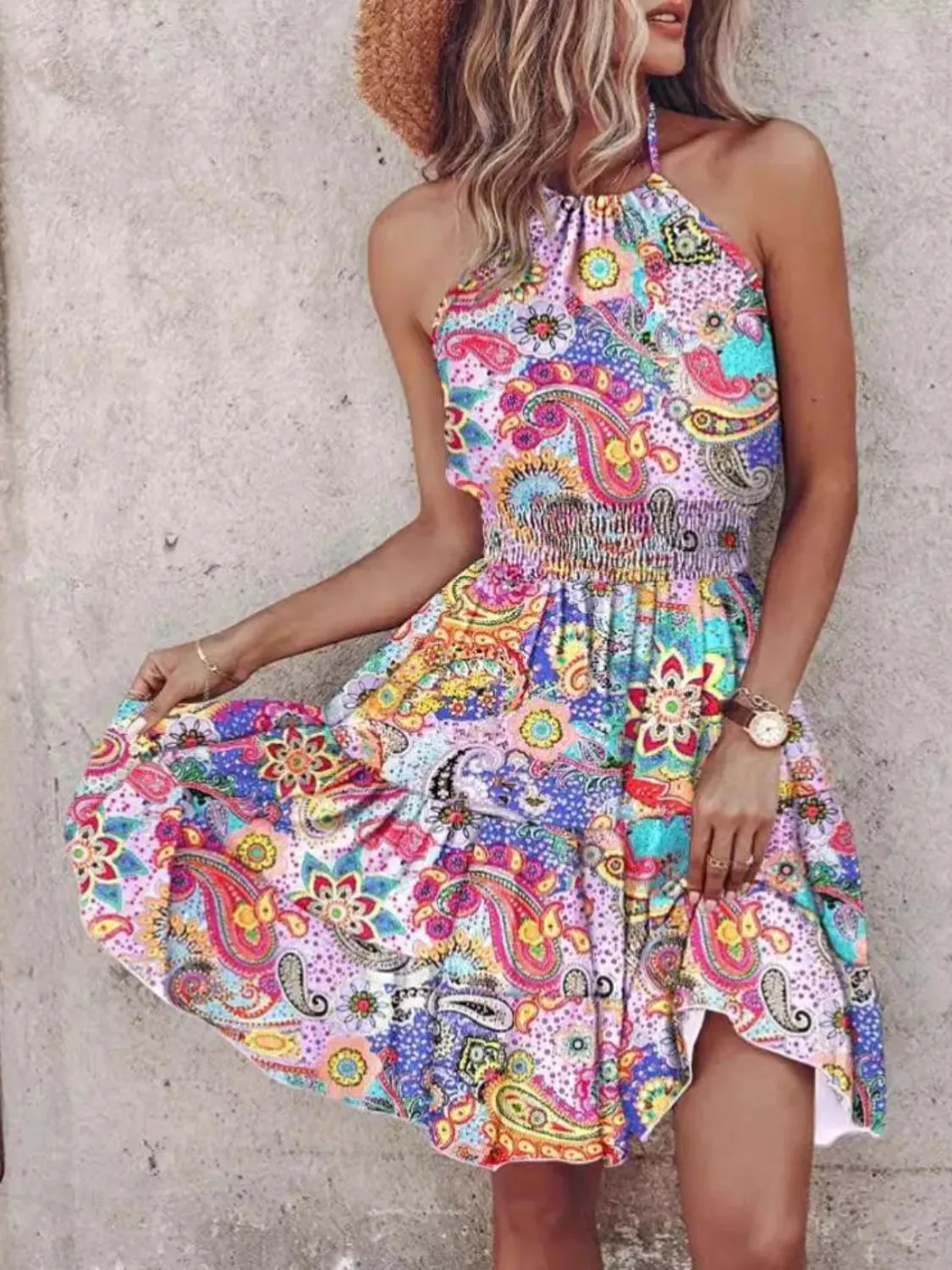Smocked Printed Halter Neck Mini Dress sold by Gigi Laurent