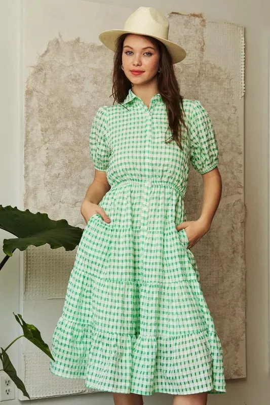 Davi & Dani Checkered Puff Sleeve Tiered Shirt Dress sold by Gigi Laurent product image thumbnail 5